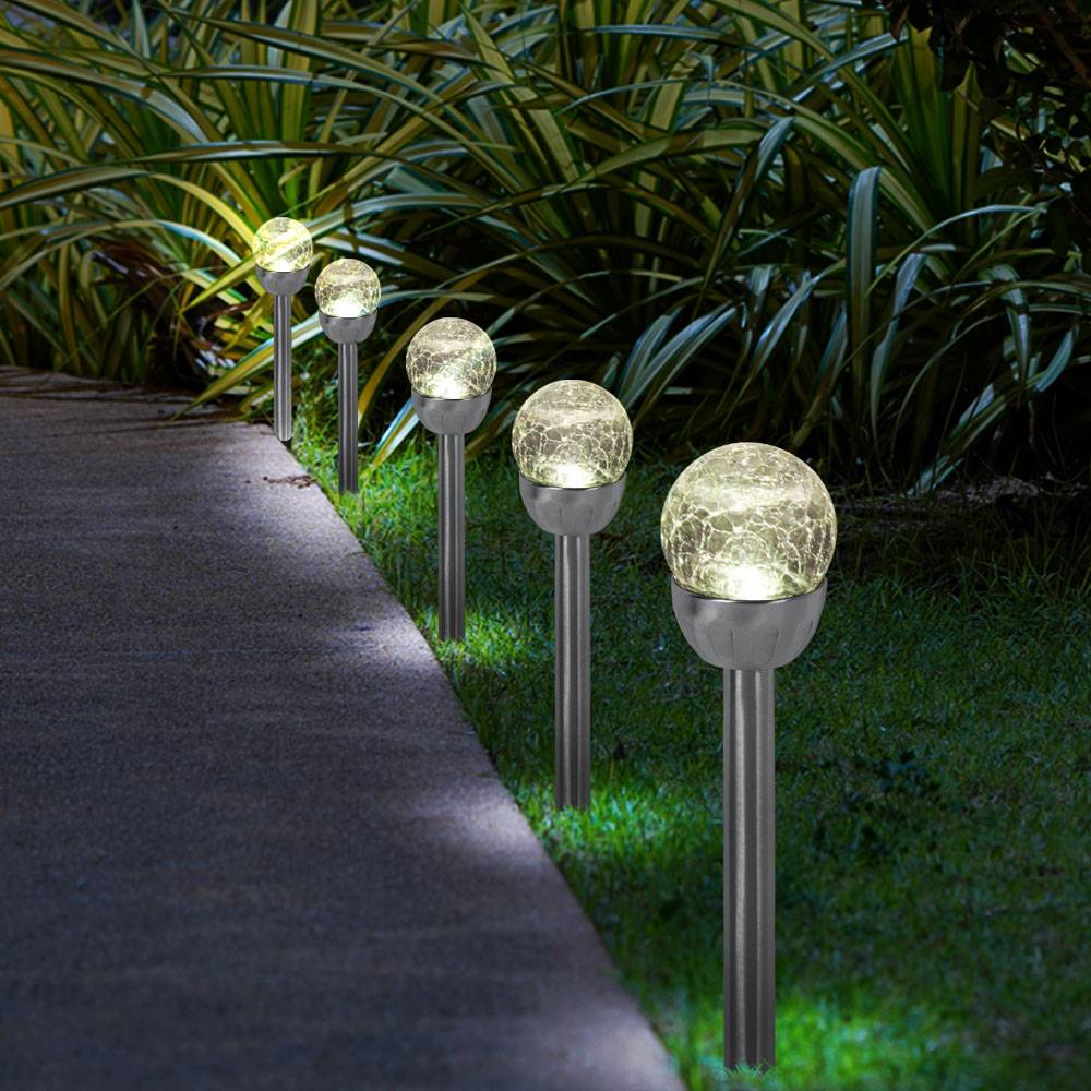 Außenleuchte Solarlampe Wegeleuchte, Gartenlampe in Bruchglas-Optik, Kugelleuchte, integrierter Akku, Edelstahl, silber, LED, DxH 6x24,5cm, 5er Set