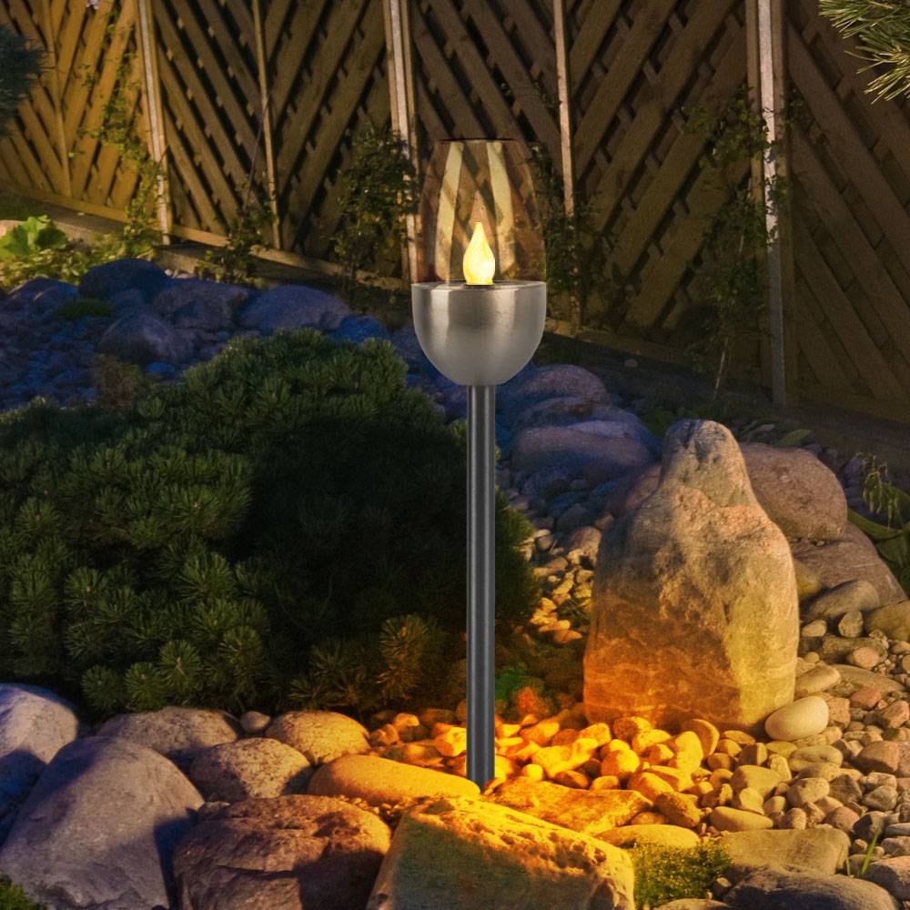 Außenleuchte Solarlampe Steckleuchte, Gartenfackel mit Feuereffekt, Terrassenlampe, integrierter Akku, Metall, schwarz, LED, DxH 6x38cm, 5er Set