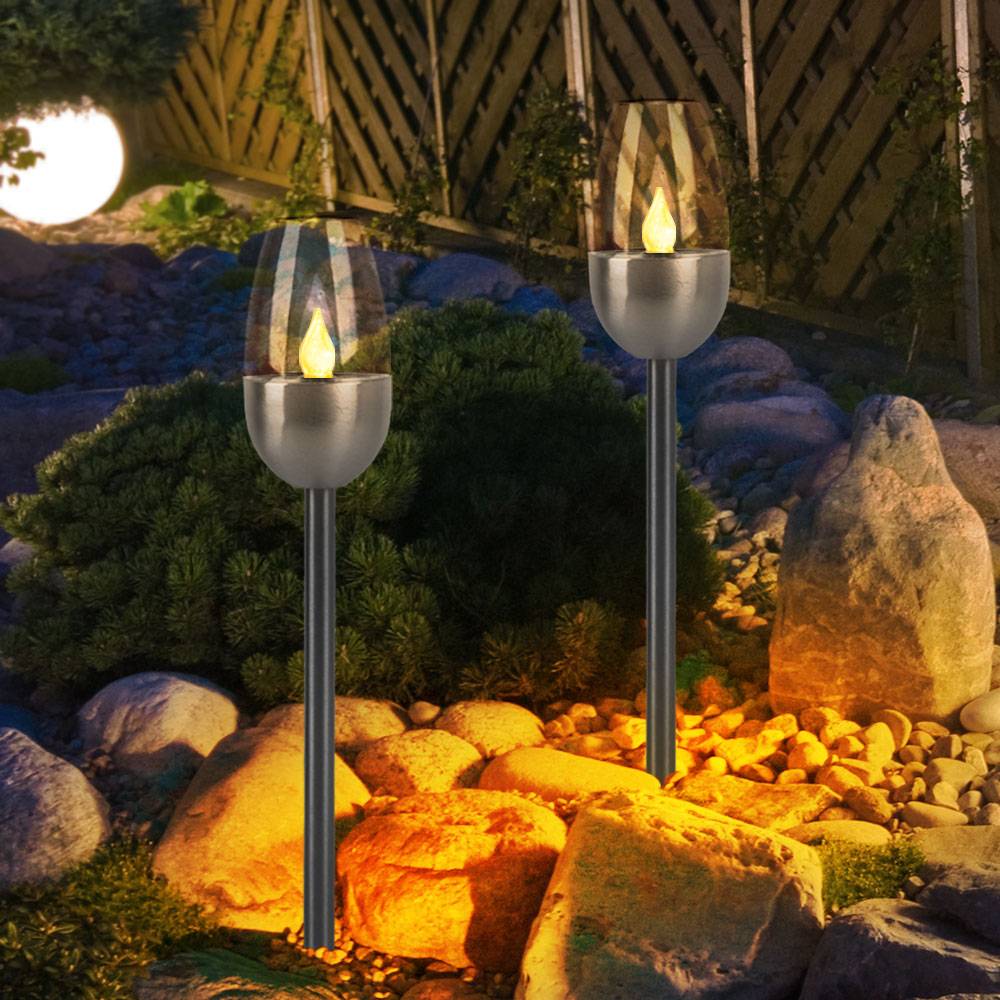 Außenleuchte Solarlampe Steckleuchte, Gartenfackel mit Feuereffekt, Terrassenlampe, integrierter Akku, Metall, schwarz, LED, DxH 6x38cm, 4er Set