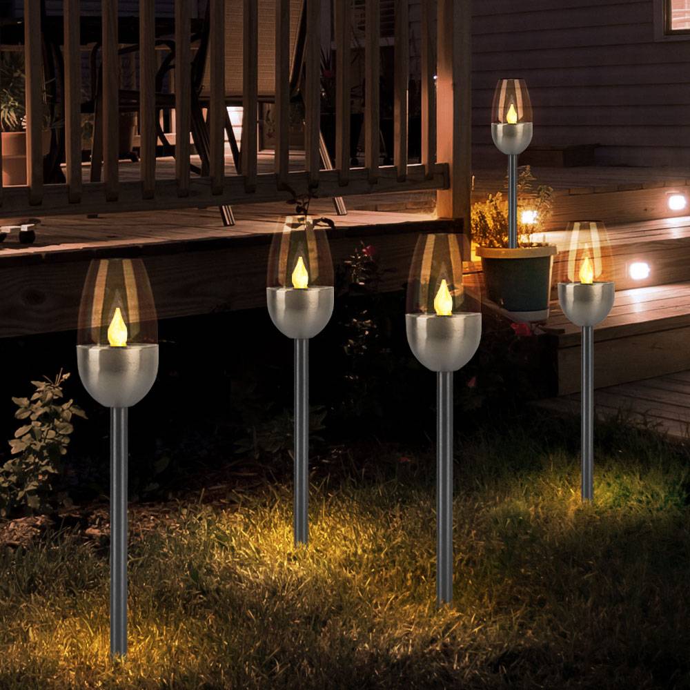 Außenleuchte Solarlampe Steckleuchte, Gartenfackel mit Feuereffekt, Terrassenlampe, integrierter Akku, Metall, schwarz, LED, DxH 6x38cm, 5er Set