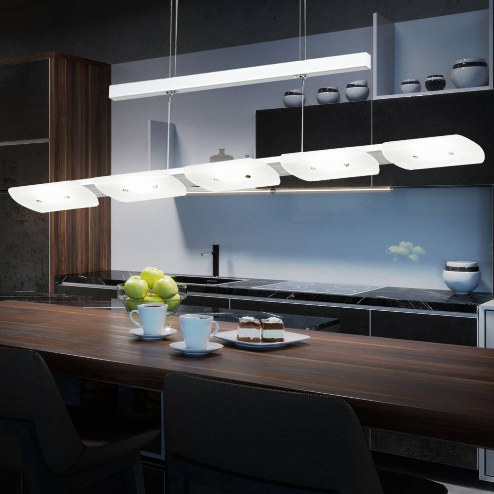LED Hängeleuchte Küchenlampe Pendelleuchte Höhenverstellbar Hängelampe Esszimmer, Alu Stahl Glas satiniert, 5x 4,8W 210Lm warmweiß, LxBxH 89x10x1
