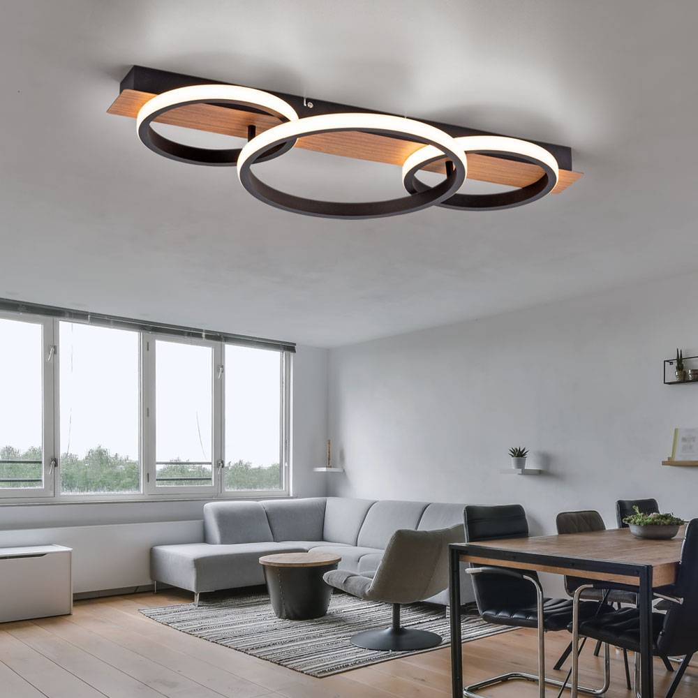 Holz Deckenleuchte Deckenlampe Metall schwarz LED Holzleuchte, 3 flammig, Holzoptik modern, 1x LED 37W 3200Lm 3000K, LxBxH 68x30x8cm