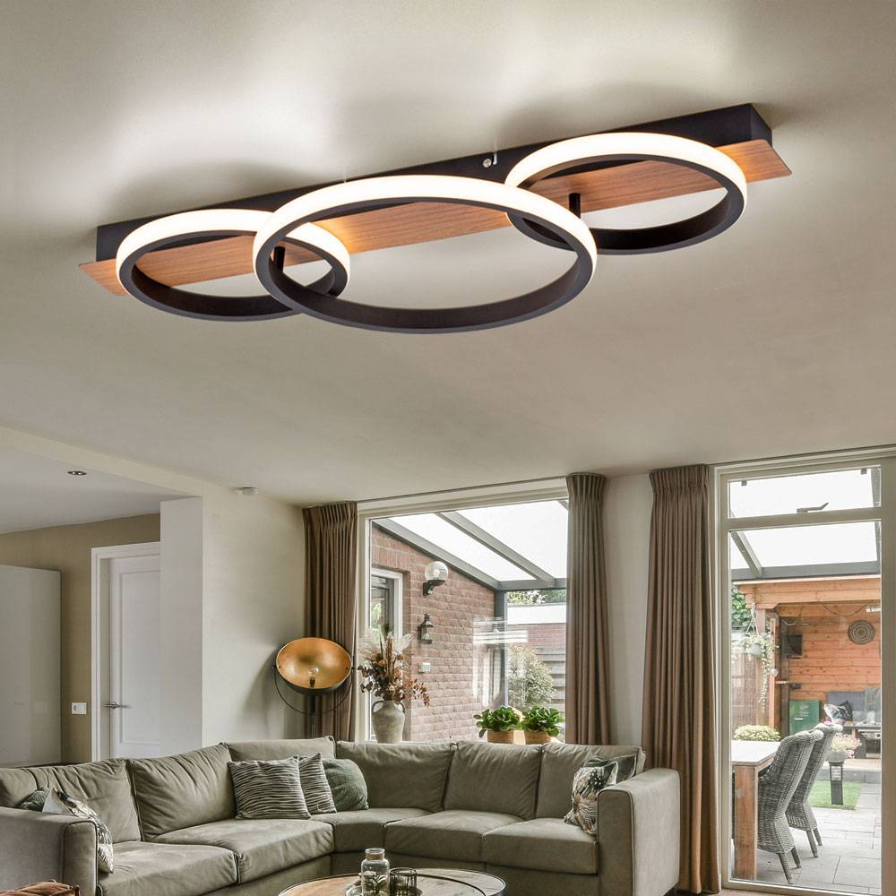 Holz Deckenleuchte Deckenlampe Metall schwarz LED Holzleuchte, 3 flammig, Holzoptik modern, 1x LED 37W 3200Lm 3000K, LxBxH 68x30x8cm