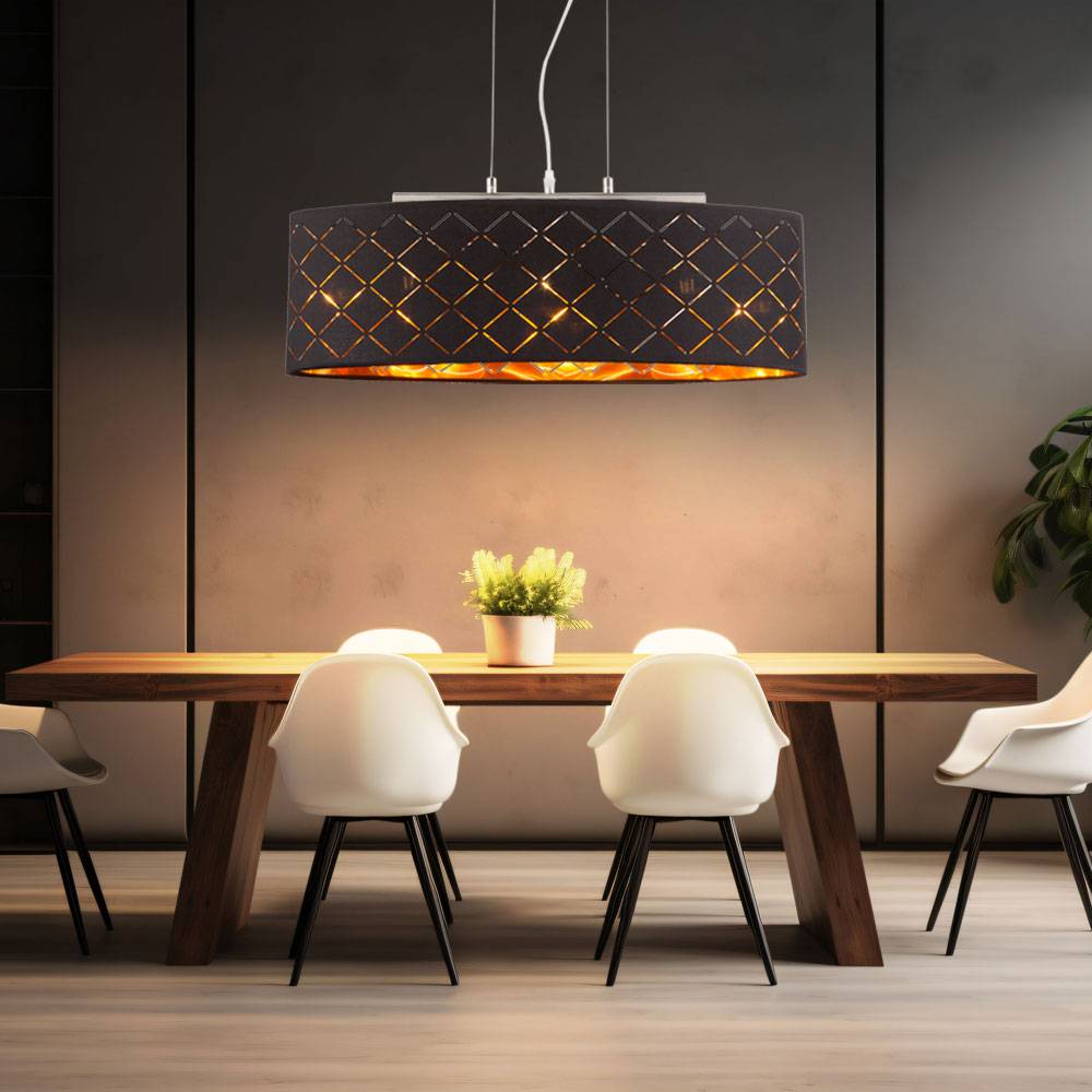 Deckenleuchte hängend Hängelampe Esstisch Wohnzimmer Lampe Decke hängend Wohnzimmer, 3 Flammig Stanzungen, Metall Textil schwarz gold, 3x LED 7W 10