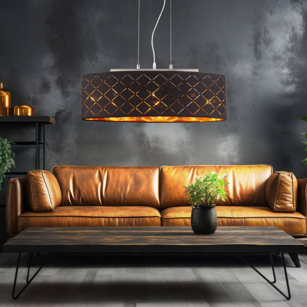 Deckenleuchte Lampe Wohnzimmer hängend schwarz gold Wohnzimmer Hängelampe, 3 Flammig, Metall Textil, 3x LED 7W 806Lm 2700K, LxBxH 65x25x140 cm