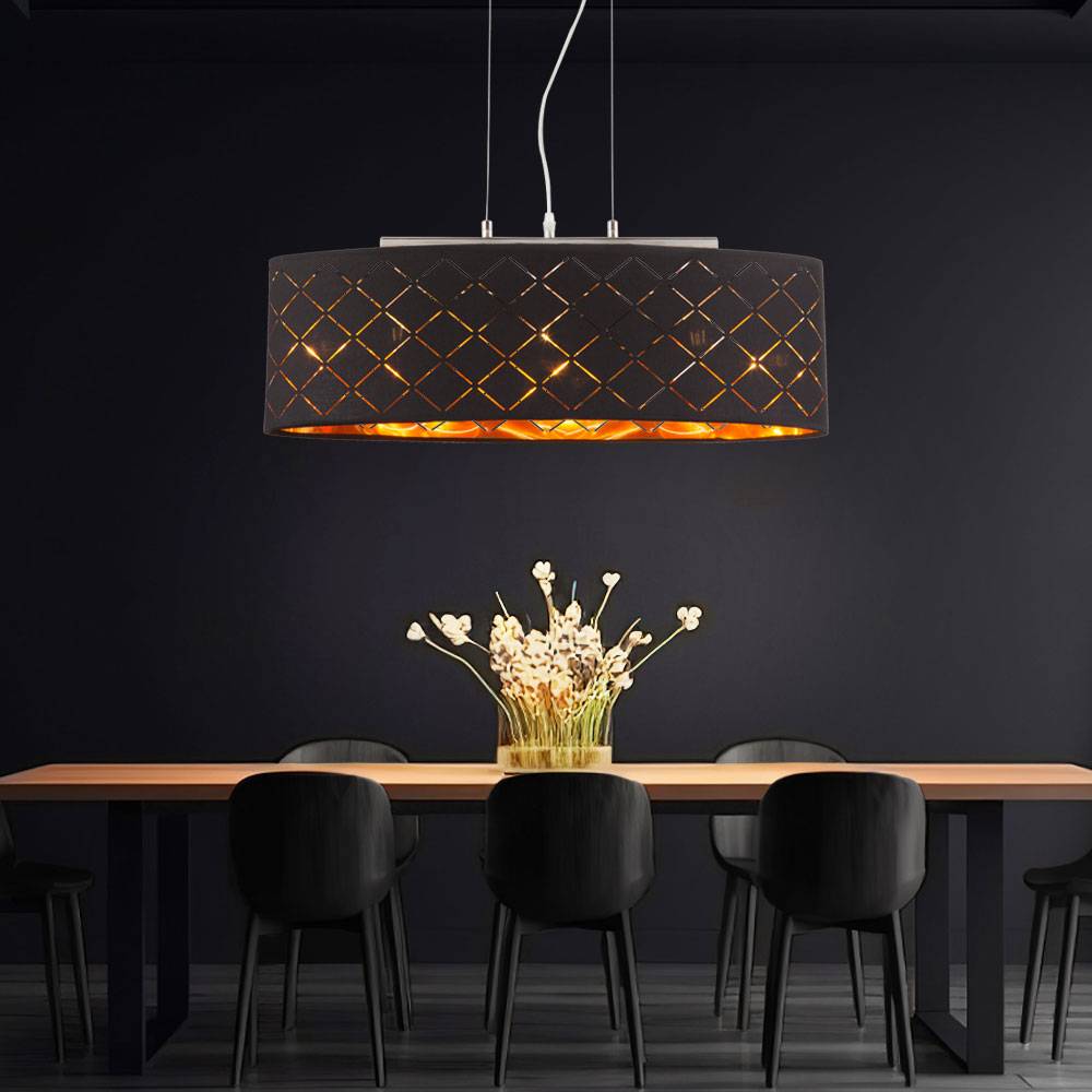 Deckenleuchte Lampe Wohnzimmer hängend schwarz gold Wohnzimmer Hängelampe, 3 Flammig, Metall Textil, 3x LED 7W 806Lm 2700K, LxBxH 65x25x140 cm