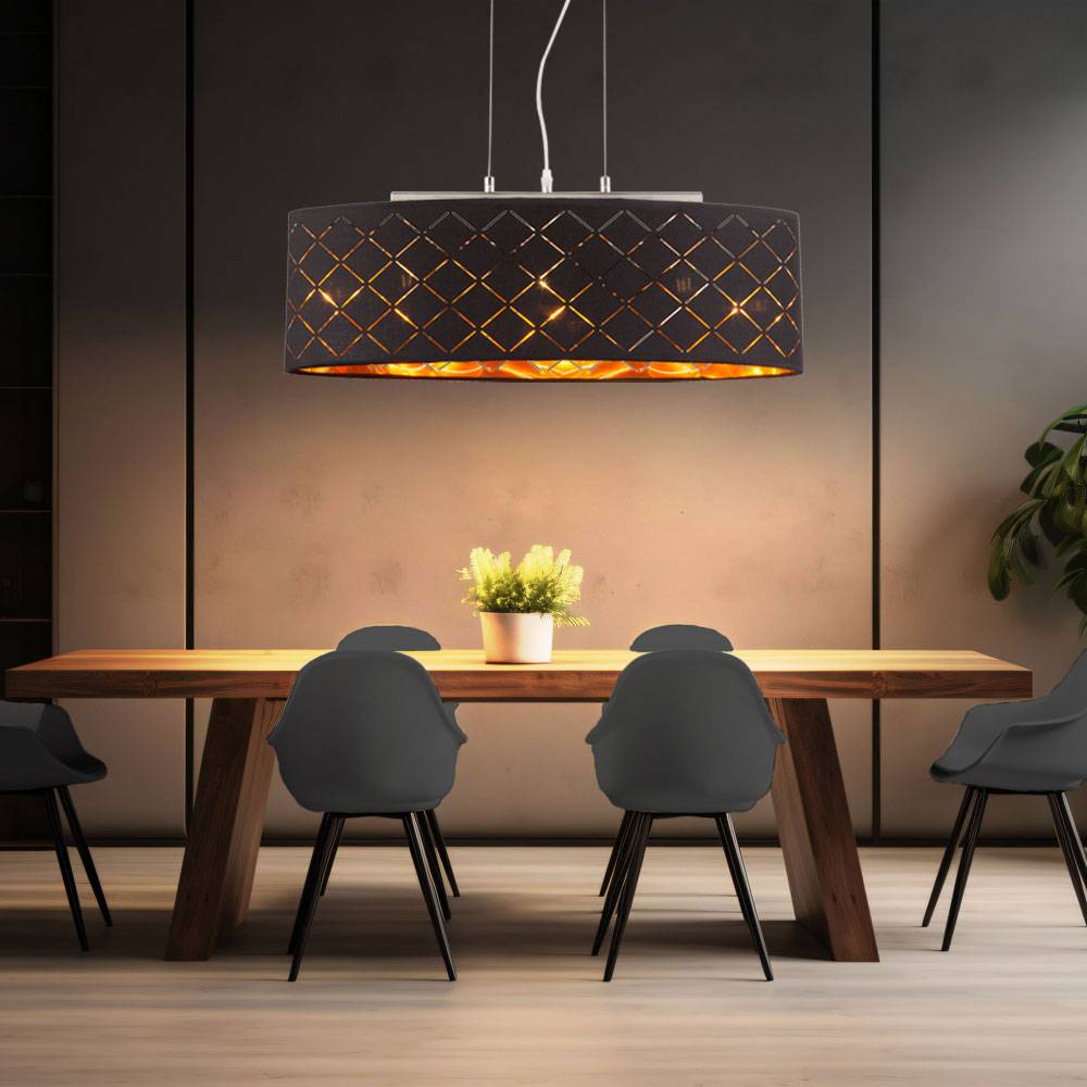 Deckenleuchte LED Pendellampe Esszimmer hängend schwarz gold Hängelampe Esstisch, 3 Flammig Stanzungen, Metall Textil, 3x LED 7W 806Lm 2700K, LxBxH