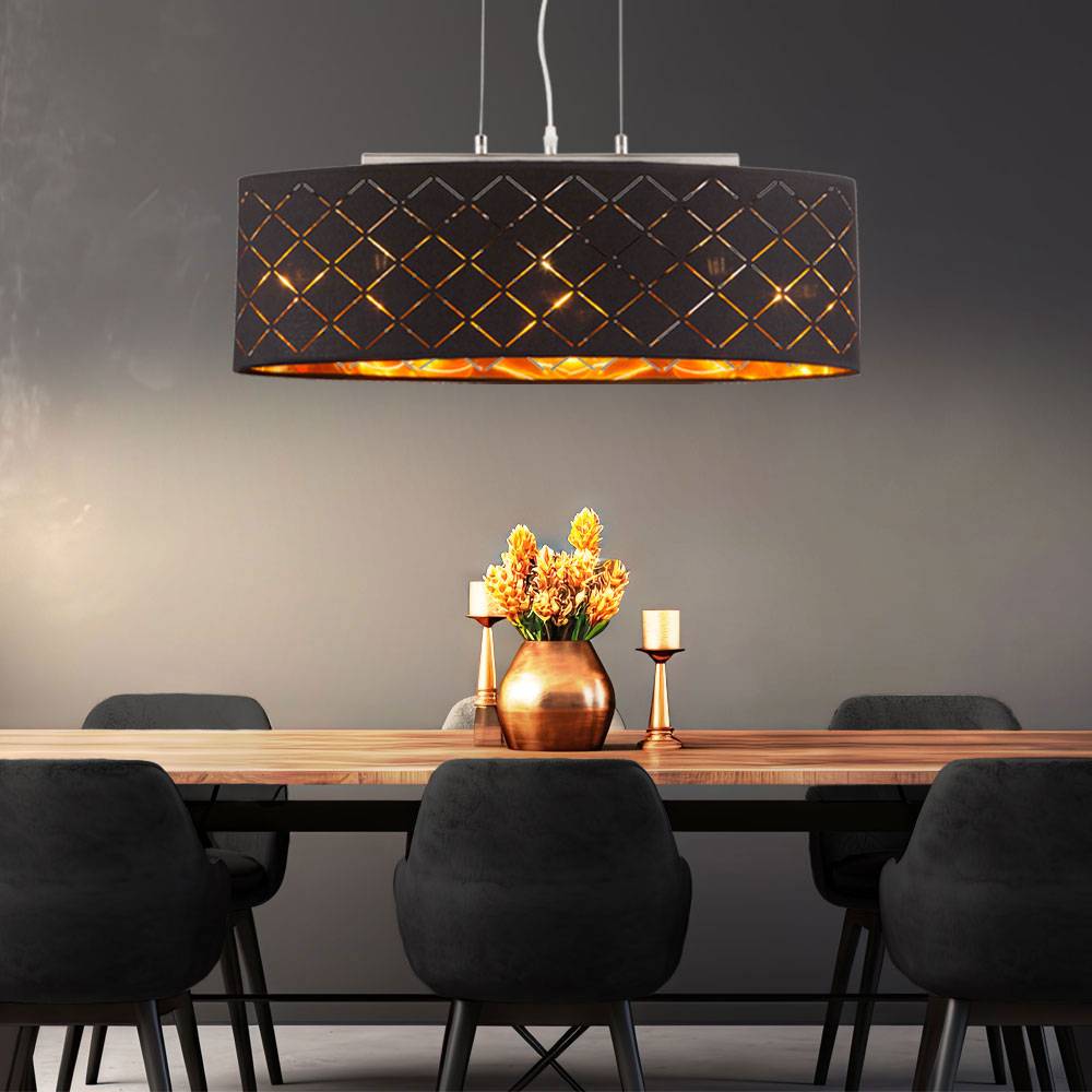 Deckenleuchte Lampe Wohnzimmer hängend schwarz gold Wohnzimmer Hängelampe, 3 Flammig, Metall Textil, 3x LED 7W 806Lm 2700K, LxBxH 65x25x140 cm