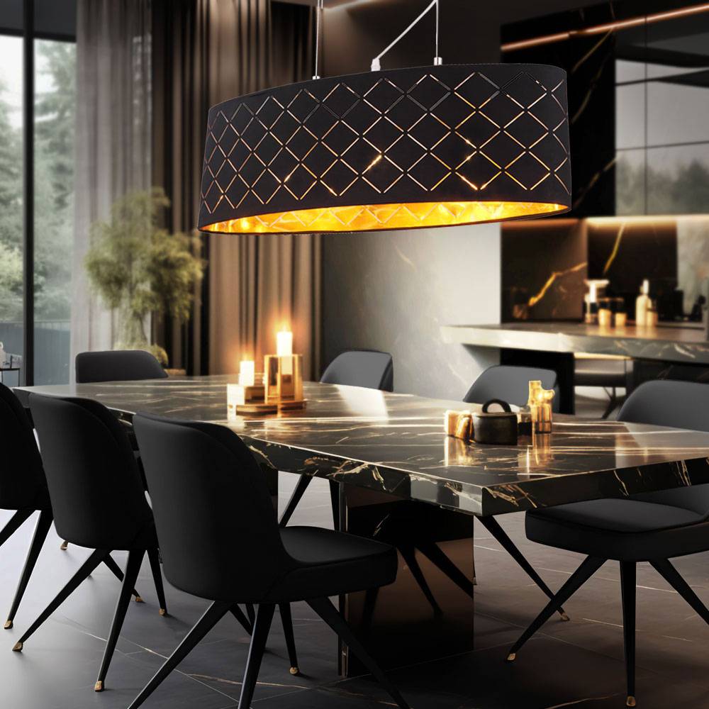 Deckenleuchte Lampe Wohnzimmer hängend schwarz gold Wohnzimmer Hängelampe, 3 Flammig, Metall Textil, 3x LED 7W 806Lm 2700K, LxBxH 65x25x140 cm