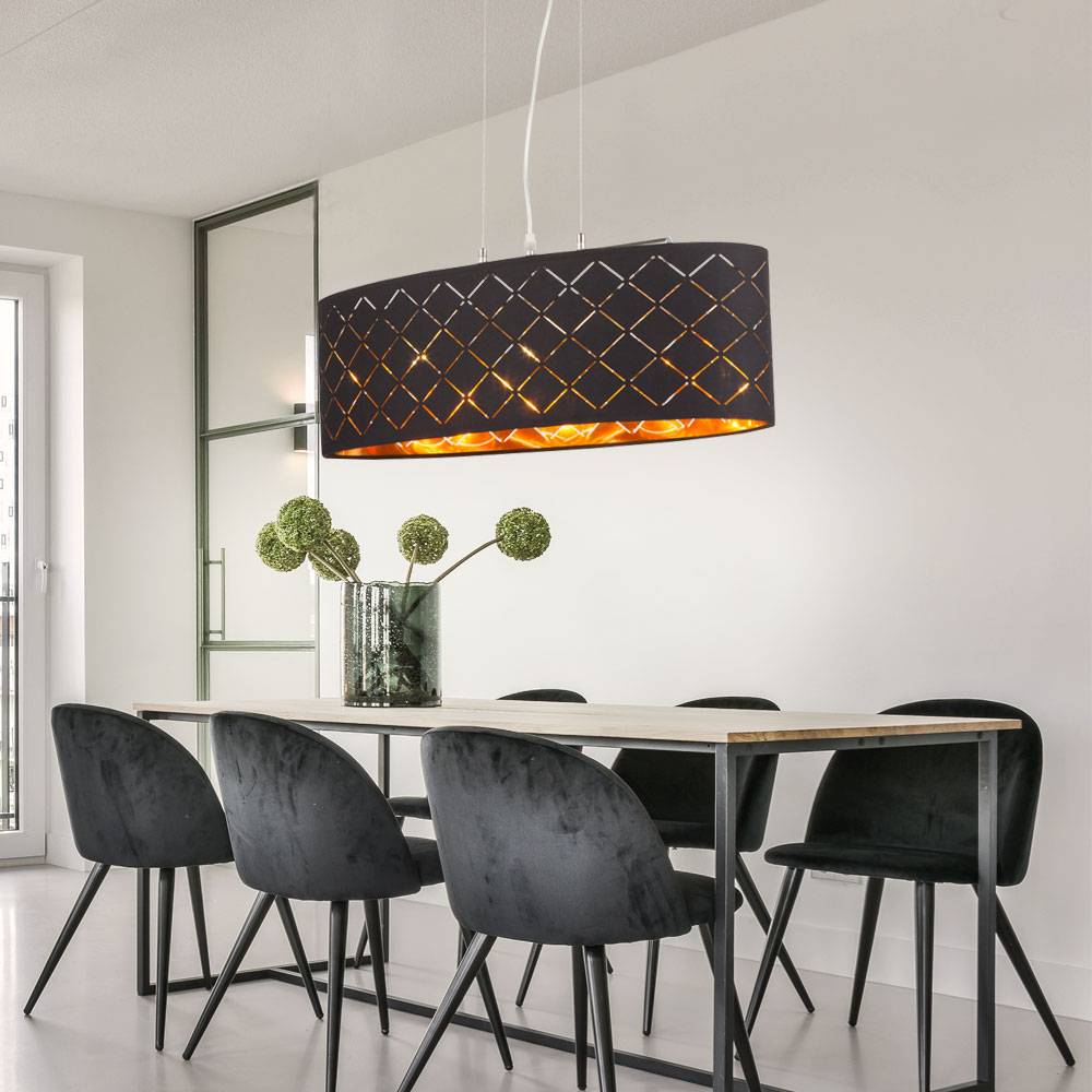 Deckenleuchte Lampe Wohnzimmer hängend schwarz gold Wohnzimmer Hängelampe, 3 Flammig, Metall Textil, 3x LED 7W 806Lm 2700K, LxBxH 65x25x140 cm