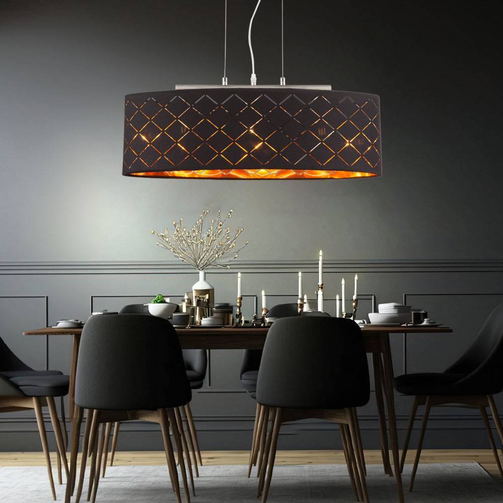 Deckenleuchte Lampe Wohnzimmer hängend schwarz gold Wohnzimmer Hängelampe, 3 Flammig, Metall Textil, 3x LED 7W 806Lm 2700K, LxBxH 65x25x140 cm
