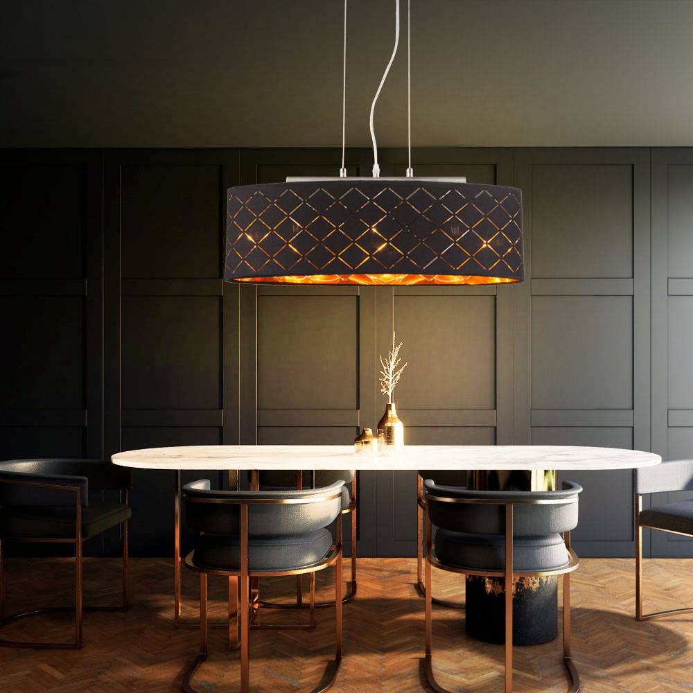 Deckenleuchte Lampe Wohnzimmer hängend schwarz gold Wohnzimmer Hängelampe, 3 Flammig, Metall Textil, 3x LED 7W 806Lm 2700K, LxBxH 65x25x140 cm