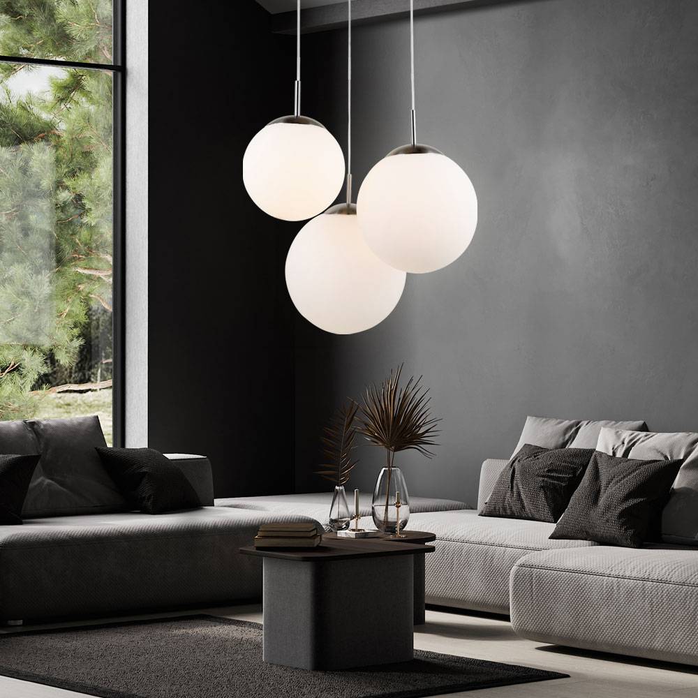 Hängeleuchte Kugeln 3 Flammig Kugelleuchte hängend Glas weiß Pendelleuchte Esstischleuchte, Nickel-matt, 3x E27, DxH 51,5x80 cm