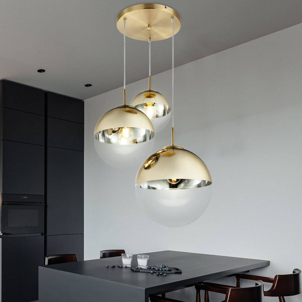 Hängelampe Pendelleuchte 3 flammig gold Kugeln Design Pendellampe Glas Hängeleuchte, 3x E27, Höhe 120 cm, Wohnzimmer Schlafzimmer Esszimmer