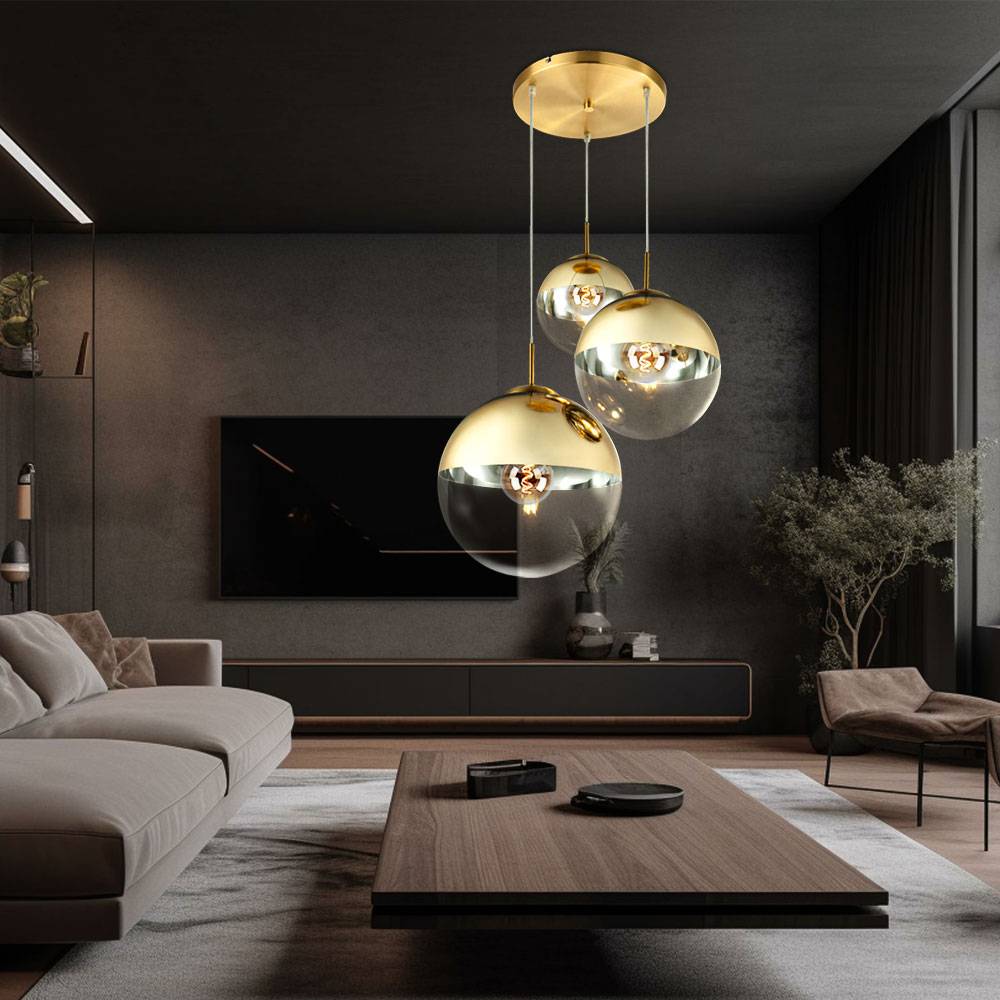 Hängelampe Pendelleuchte 3 flammig gold Kugeln Design Pendellampe Glas Hängeleuchte, 3x E27, Höhe 120 cm, Wohnzimmer Schlafzimmer Esszimmer