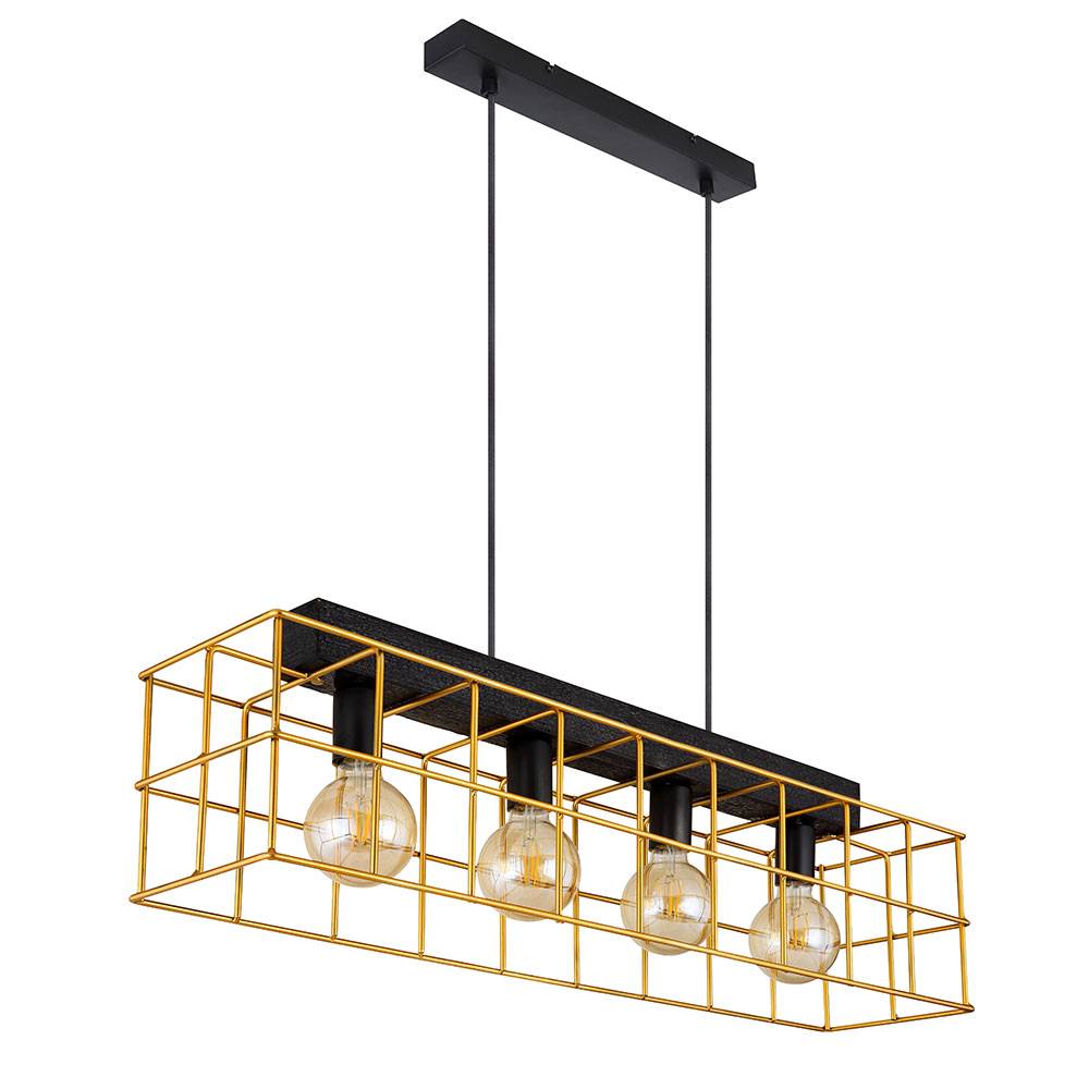 Pendelleuchte Hängelampe Holz Esstischleuchte 4-flammig Industrial Käfiglampe Gitter Gold, Metall, schwarz, 4x E27 Fassung, LxBxH 90x20x150 cm