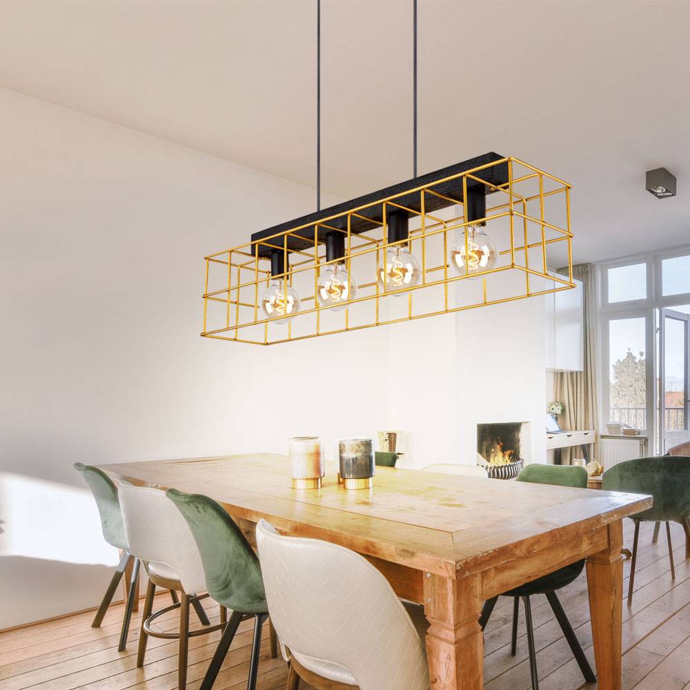 Pendelleuchte Hängelampe Holz Esstischleuchte 4-flammig Industrial Käfiglampe Gitter Gold, Metall, schwarz, 4x E27 Fassung, LxBxH 90x20x150 cm