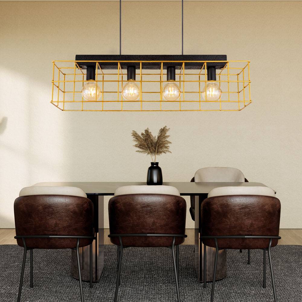 Pendelleuchte Hängelampe Holz Esstischleuchte 4-flammig Industrial Käfiglampe Gitter Gold, Metall, schwarz, 4x E27 Fassung, LxBxH 90x20x150 cm