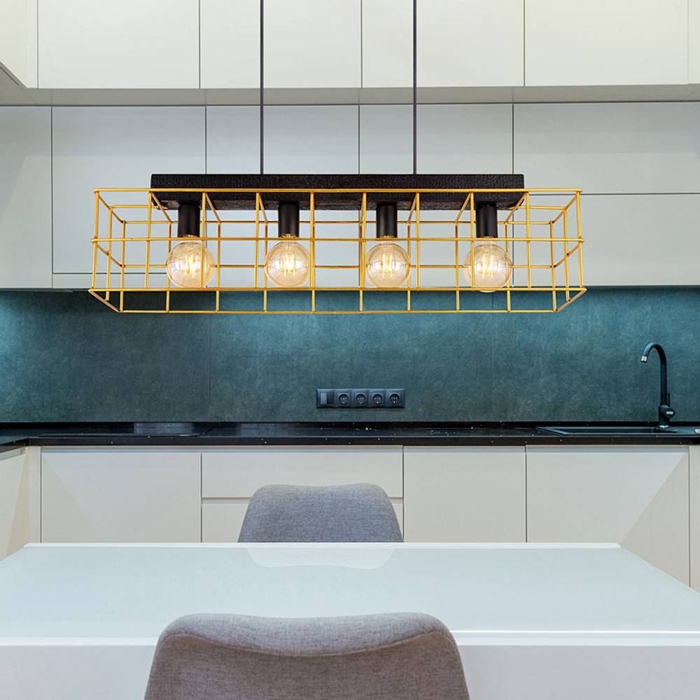 Pendelleuchte Hängelampe Holz Esstischleuchte 4-flammig Industrial Käfiglampe Gitter Gold, Metall, schwarz, 4x E27 Fassung, LxBxH 90x20x150 cm