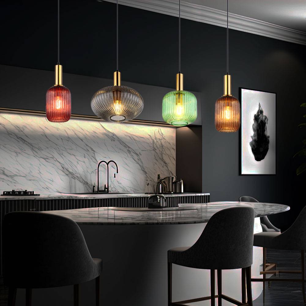 Pendelleuchte Hängelampe Esszimmerleuchte, 4-flammig, Retro Designlampe, Bunte Glasschirme, Metall, messing schwarz, 4x E27, LxBxH 115x30x120 cm