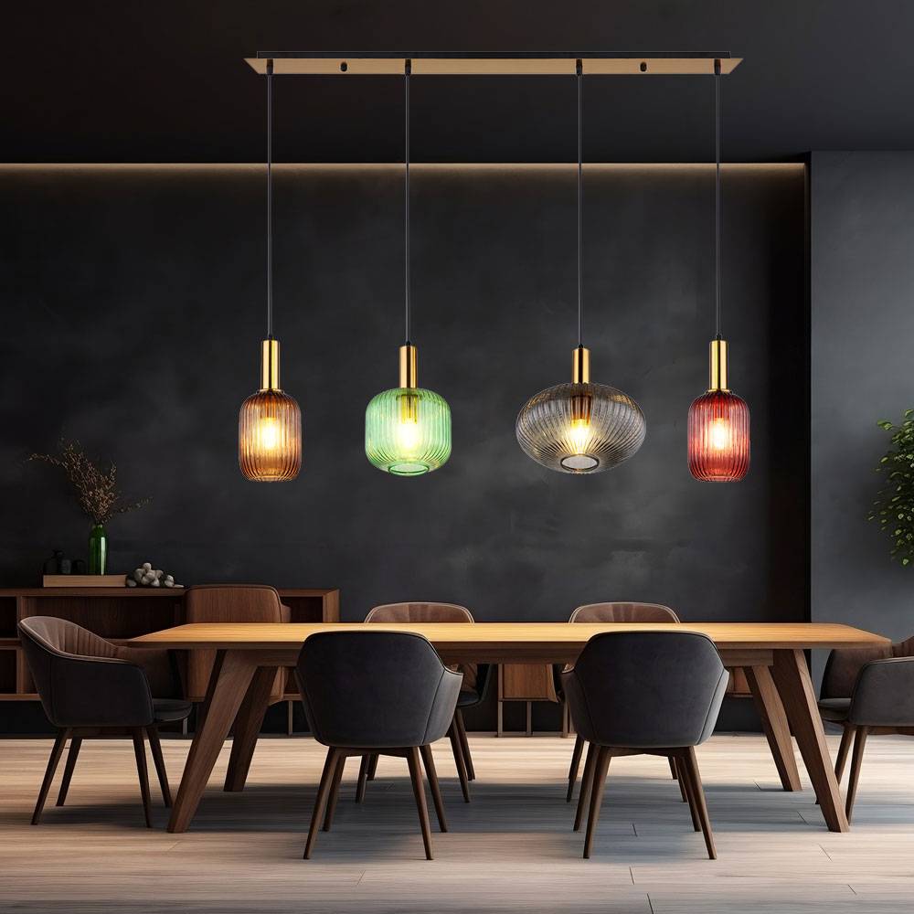 Pendelleuchte Hängelampe Esszimmerleuchte, 4-flammig, Retro Designlampe, Bunte Glasschirme, Metall, messing schwarz, 4x E27, LxBxH 115x30x120 cm