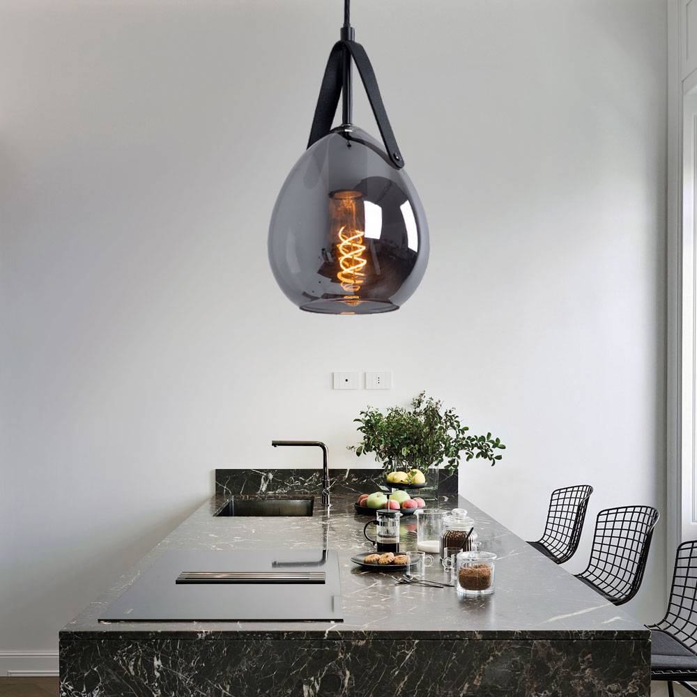 Pendellampe Hängeleuchte Esszimmerlampe, Moderne Pendelleuchte, Lampenschirm in Rauchglas Optik, Metall, schwarz, matt, 1x E27 Fassung, DxH 15x120
