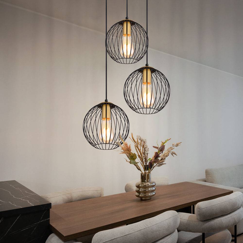 Hängeleuchte Esstischlampe Pendelleuchte, 3-flammig, Moderne Hängelampe mit Gitterschirmen, Metall, schwarz gold, matt, 3x E27 Fassung, DxH 39x150