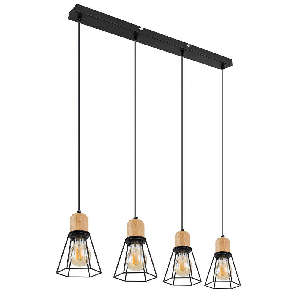 Pendellampe Hängeleuchte Esszimmerlampe 4-flammig Pendelleuchte Holzoptik, Gitterschirme, Metall, schwarz, 4x E27 Fassung, LxBxH 71,3x12x120 cm