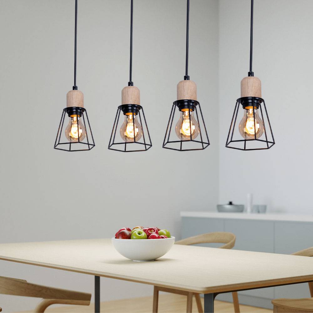 Pendellampe Hängeleuchte Esszimmerlampe 4-flammig Pendelleuchte Holzoptik, Gitterschirme, Metall, schwarz, 4x E27 Fassung, LxBxH 71,3x12x120 cm