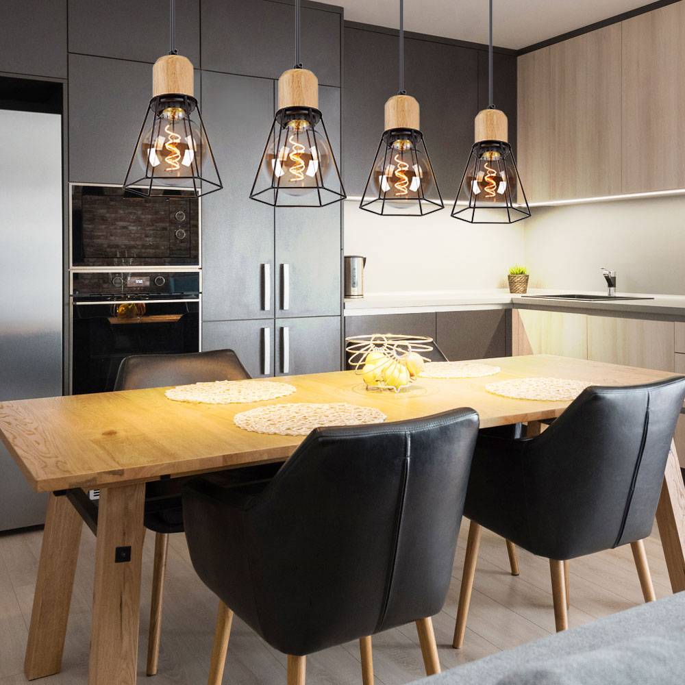 Pendellampe Hängeleuchte Esszimmerlampe 4-flammig Pendelleuchte Holzoptik, Gitterschirme, Metall, schwarz, 4x E27 Fassung, LxBxH 71,3x12x120 cm