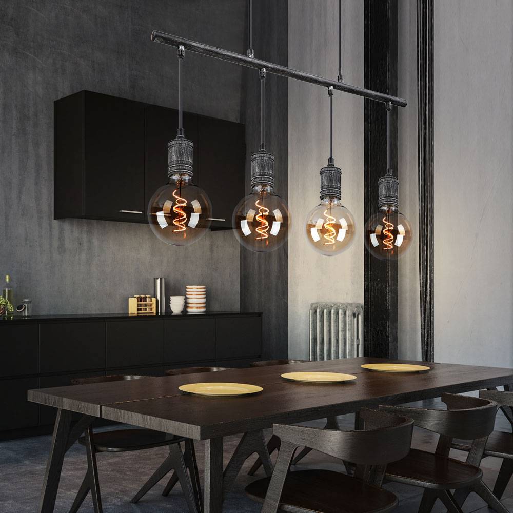 Pendelleuchte Hängelampe Esstischleuchte Industrial Pendellampe Wohnzimmer, Metall grau antik, 4x LED Filament 7W 700Lm warmweiß, LxH 90x120 cm