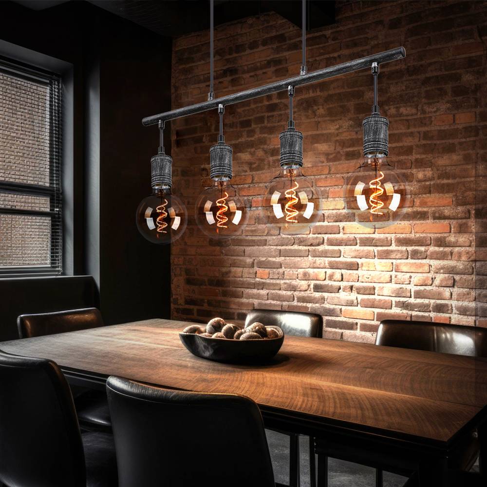 Pendelleuchte Esszimmerlampe Hängeleuchte, Industrial Pendellampe, 4-flammig, Esstisch, Antikes Design, Metall, grau, 4x E27 Fassung, LxH 90x120 cm