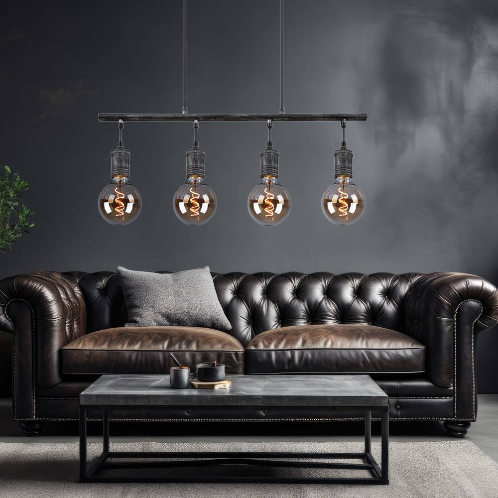Pendelleuchte Hängelampe Esstischleuchte Industrial Pendellampe Wohnzimmer, 4-flammig, Metall grau antik, 4x E27, LxH 90x120 cm