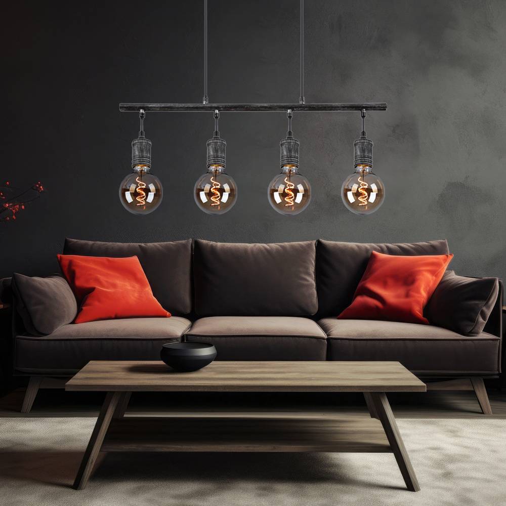 Pendelleuchte Hängelampe Esstischleuchte Industrial Pendellampe Wohnzimmer, 4-flammig, Metall grau antik, 4x E27, LxH 90x120 cm