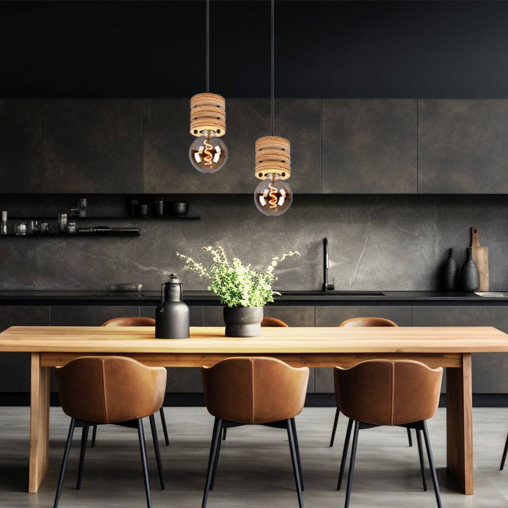 Pendelleuchte Holzlampe Esstischlampe Hängelampe Wohnzimmer, Höhe anpassbar, 1x E27, DxH 12x120 cm, 2er Set