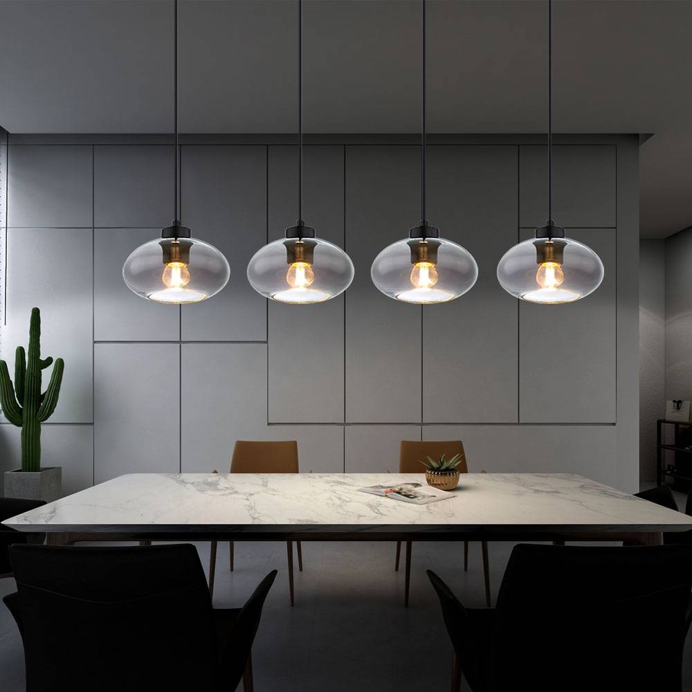 Pendelleuchte 4 flammig Esstischleuchte Retro Hängelampe Wohnzimmer Glas rauch, Metall schwarz, 4x E27, LxH 96x120 cm