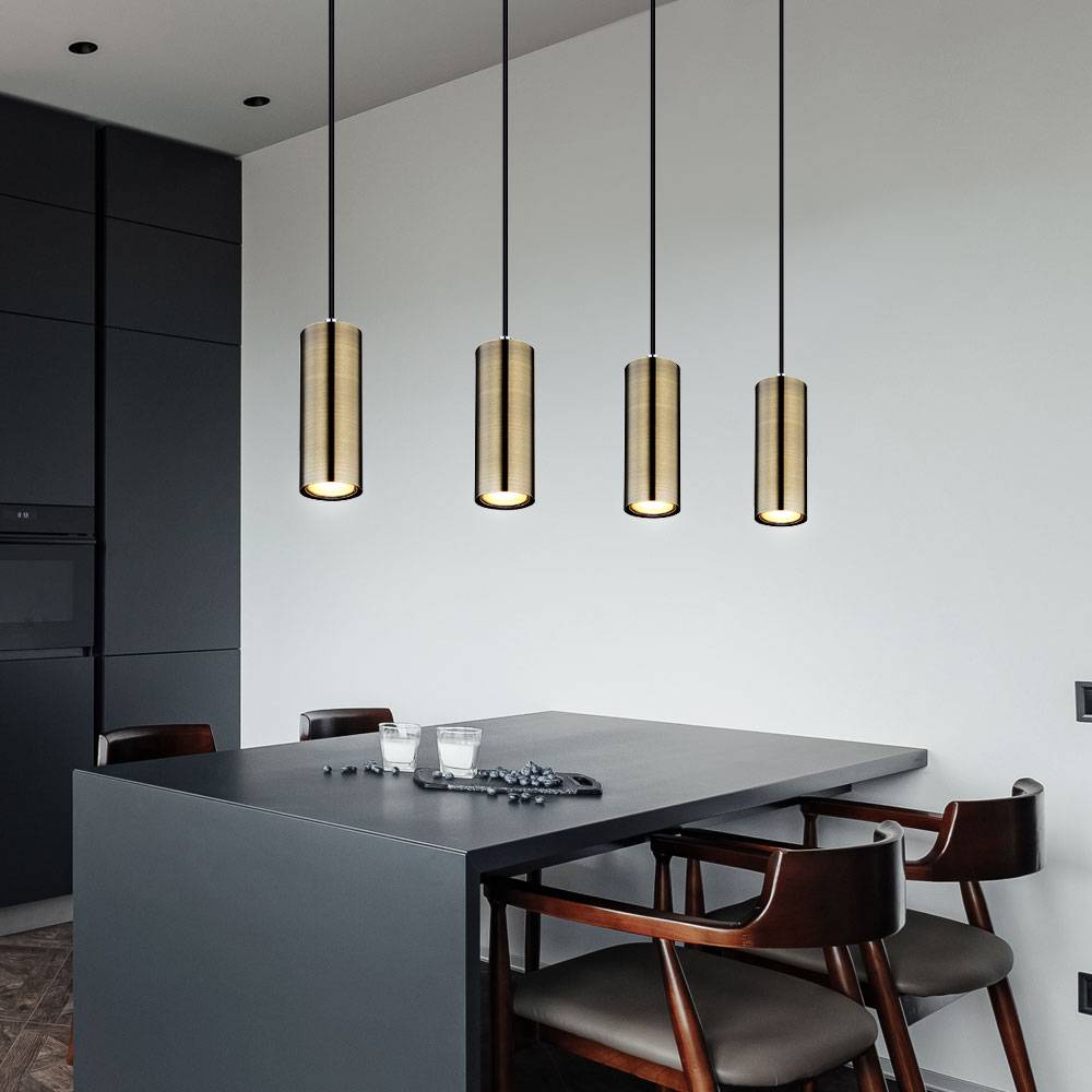 Hängeleuchte Pendelleuchte Wohnzimmerlampe 4-flammig Messing Deckenleuchte hängend, Metall matt, 4x GU10 Fassungen, LxBxH 65x6x120 cm
