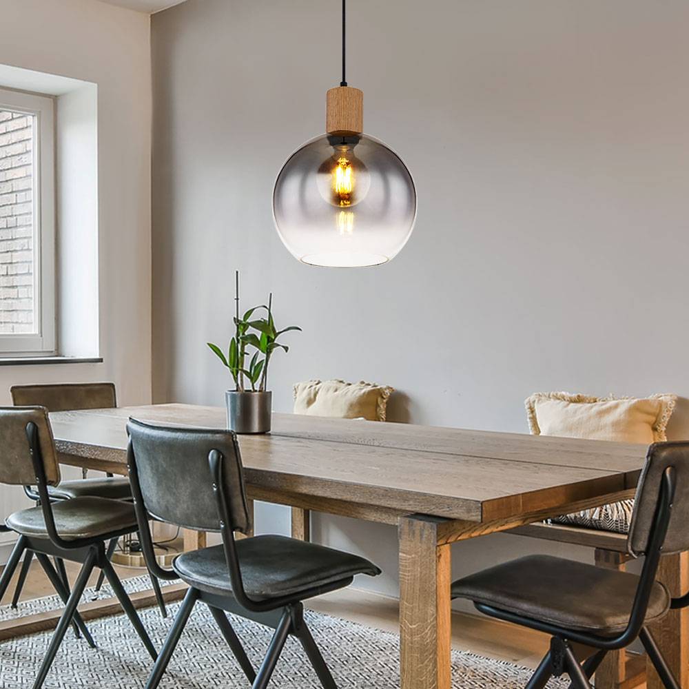 Pendelleuchte Esstisch Holz Esstischlampe Industrial Esszimmerlampe Hängeleuchte, Metall Glas rauch, 1x E27 Fassung, DxH 25x120 cm