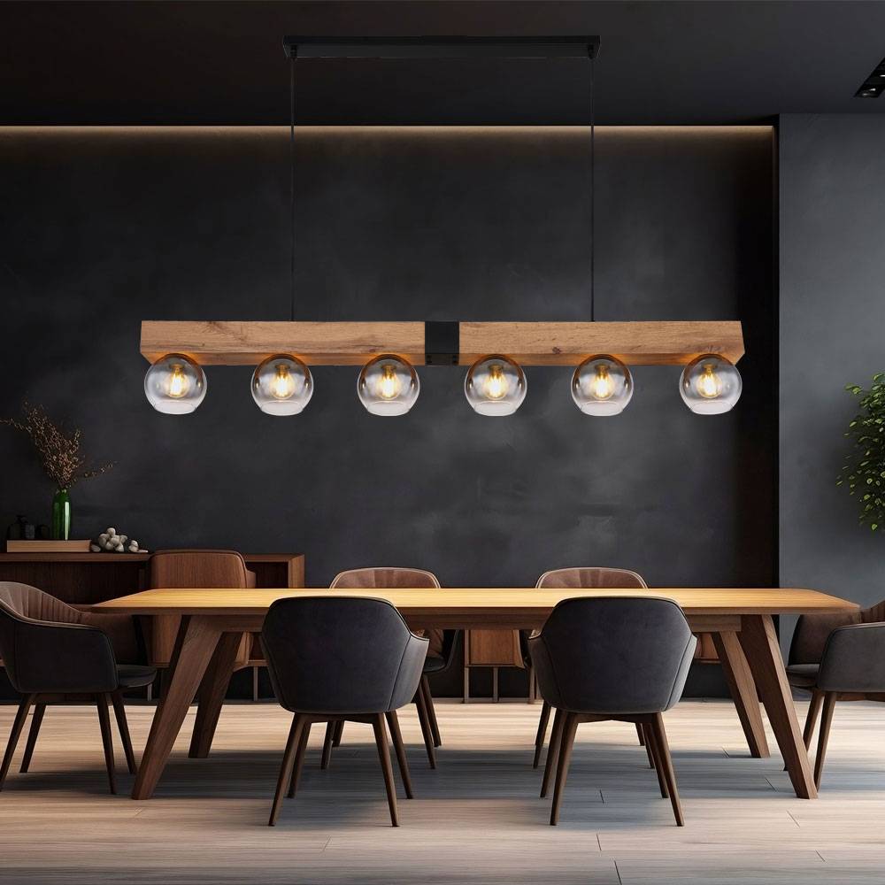 Pendelleuchte Hängelampe Holzoptik Esszimmerleuchte Landhaus Pendellampe 6 flammig, Metall schwarz, 6x E27 Fassung, LxBxH 140x15x120 cm