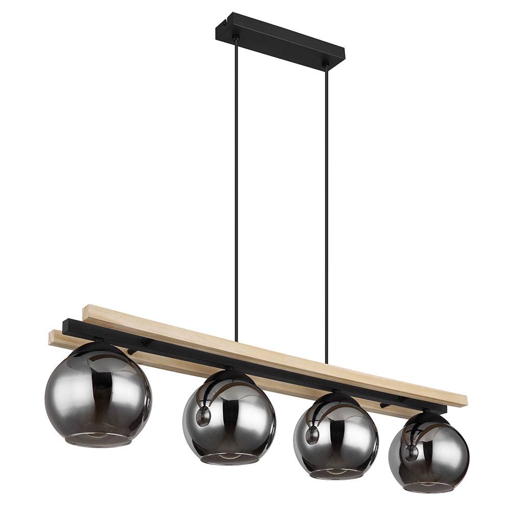 Pendelleuchte Hängelampe Holzoptik Esszimmerleuchte Landhaus Pendellampe 4 flammig, Metall schwarz, 4x E27 Fassung, LxBxH 85x15x120 cm