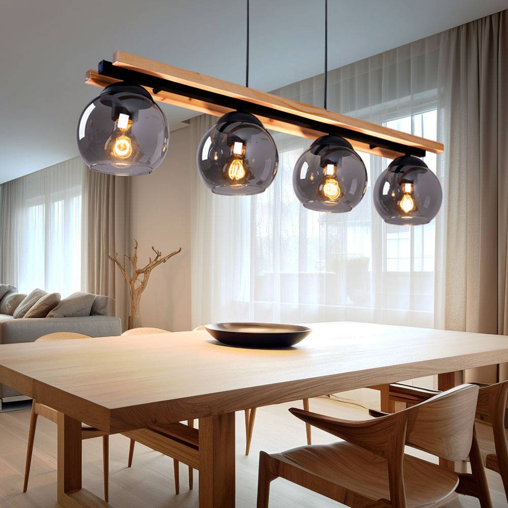 Pendelleuchte Hängelampe Holzoptik Esszimmerleuchte Landhaus Pendellampe 4 flammig, Metall schwarz, 4x E27 Fassung, LxBxH 85x15x120 cm