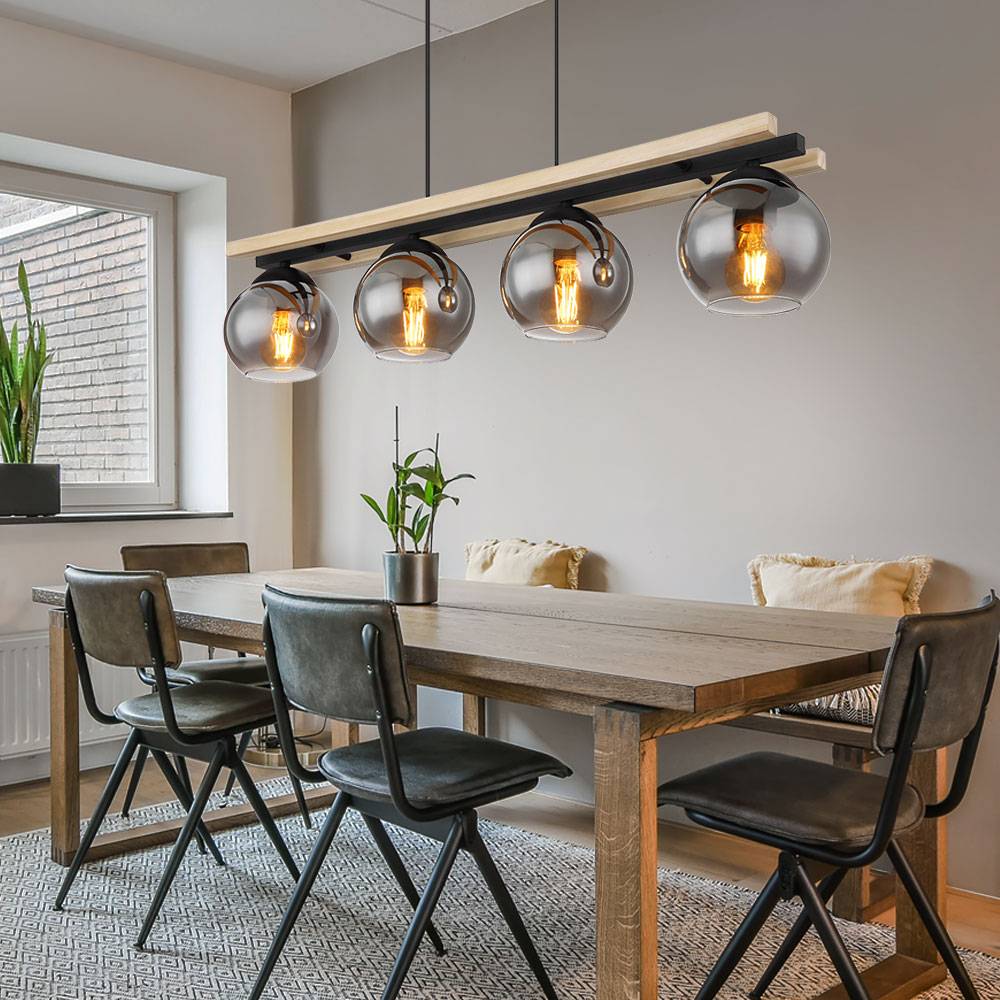 Pendelleuchte Hängelampe Holzoptik Esszimmerleuchte Landhaus Pendellampe 4 flammig, Metall schwarz, 4x E27 Fassung, LxBxH 85x15x120 cm