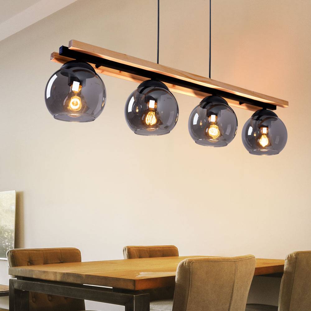 Pendelleuchte Hängelampe Holzoptik Esszimmerleuchte Landhaus Pendellampe 4 flammig, Metall schwarz, 4x E27 Fassung, LxBxH 85x15x120 cm