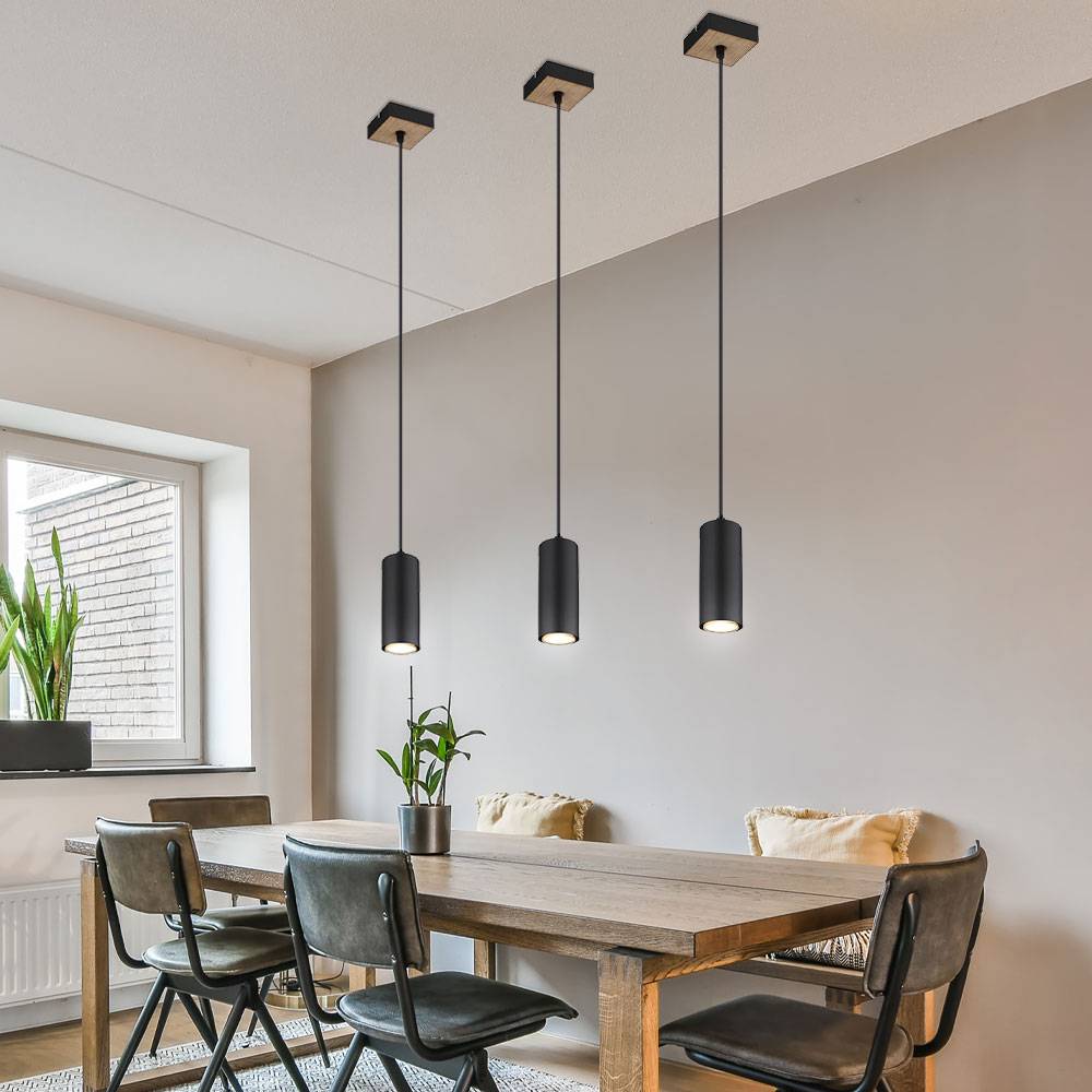 Lampe skandinavisch Hängeleuchte Hängelampen Wohnbereich Modern Pendelleuchte einflammig, Metall schwarz MDF Holzoptik, 1x GU10 Fassung, LxBxH 9x9x1