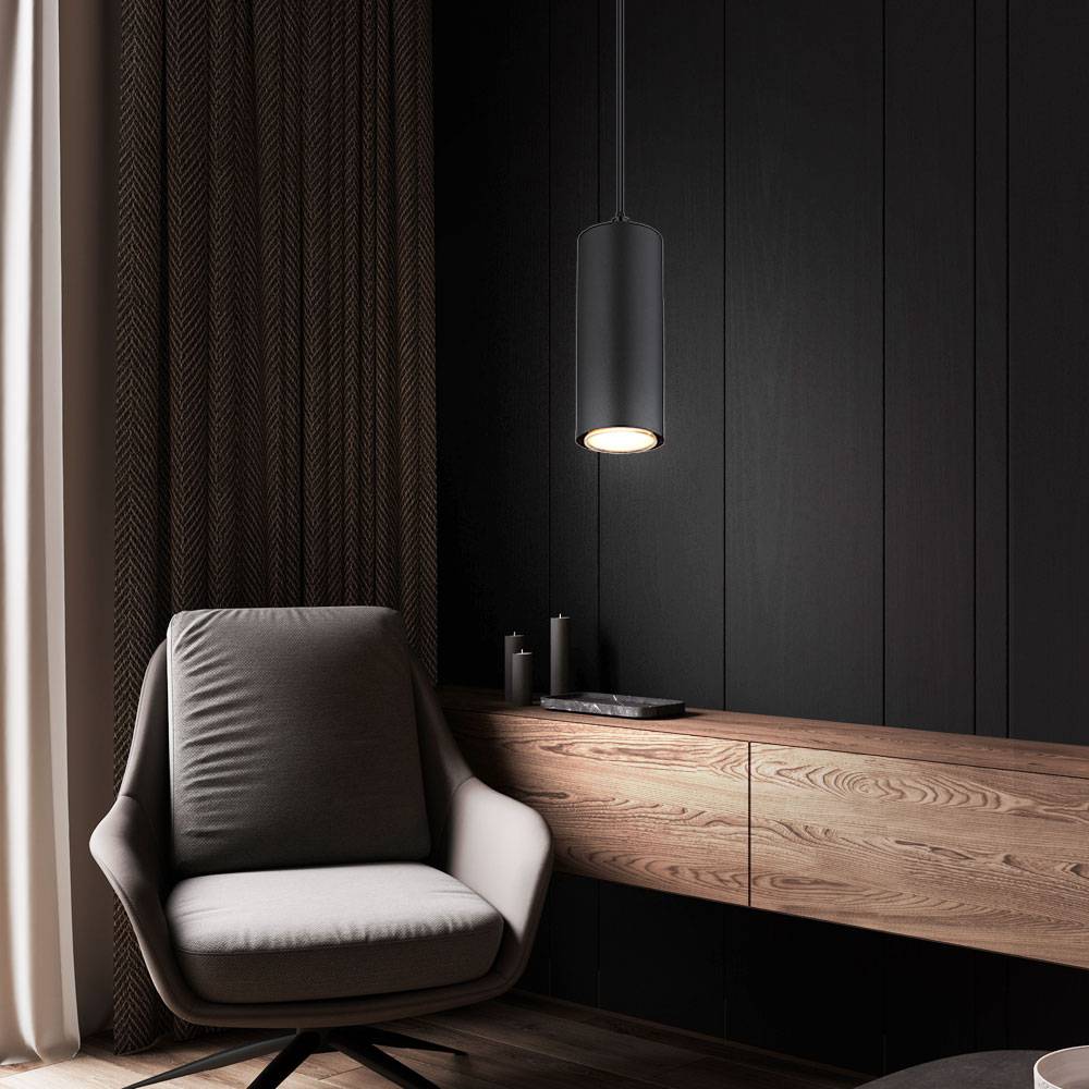 Lampe skandinavisch Hängeleuchte Hängelampen Wohnbereich Modern Pendelleuchte einflammig, Metall schwarz MDF Holzoptik, 1x GU10 Fassung, LxBxH 9x9x1