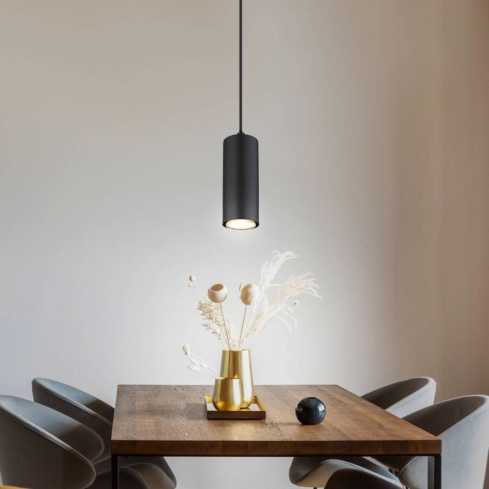 Lampe skandinavisch Hängeleuchte Hängelampen Wohnbereich Modern Pendelleuchte einflammig, Metall schwarz MDF Holzoptik, 1x GU10 Fassung, LxBxH 9x9x1