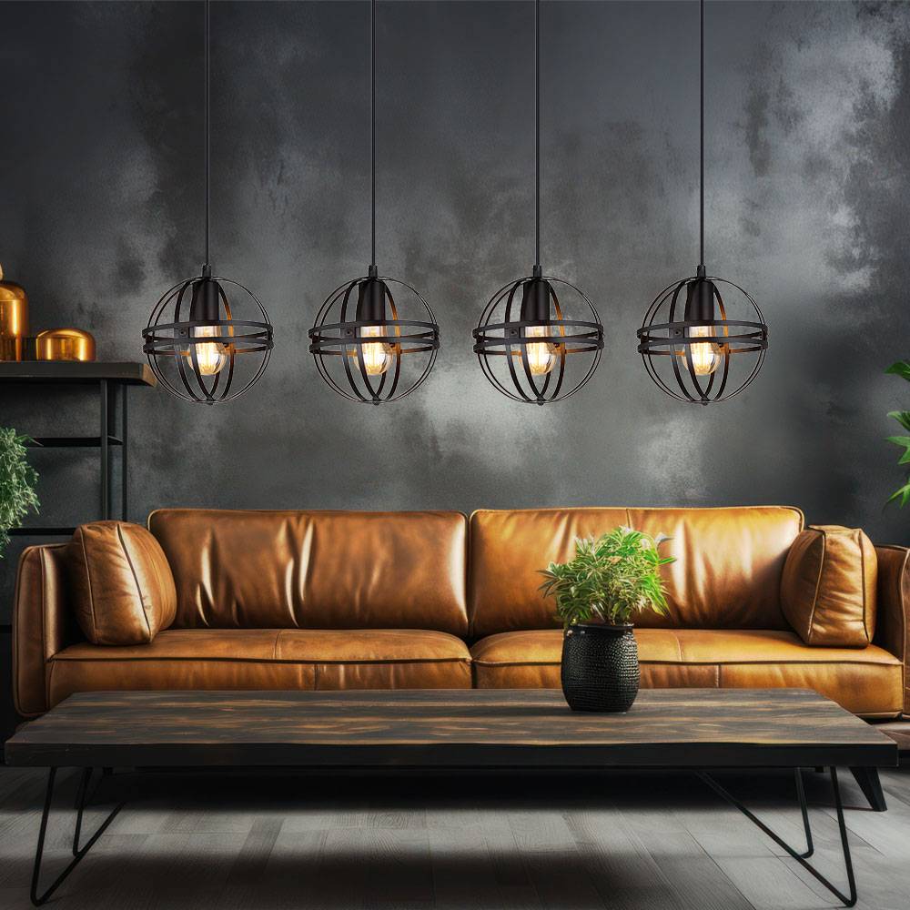 Pendelleuchte Hängelampe Esstischleuchte, 4-flammig, Industrial Design, Höhenverstellbar, Kugel, Metall, schwarz, 4x E27 Fassung, LxBxH 100x20x120