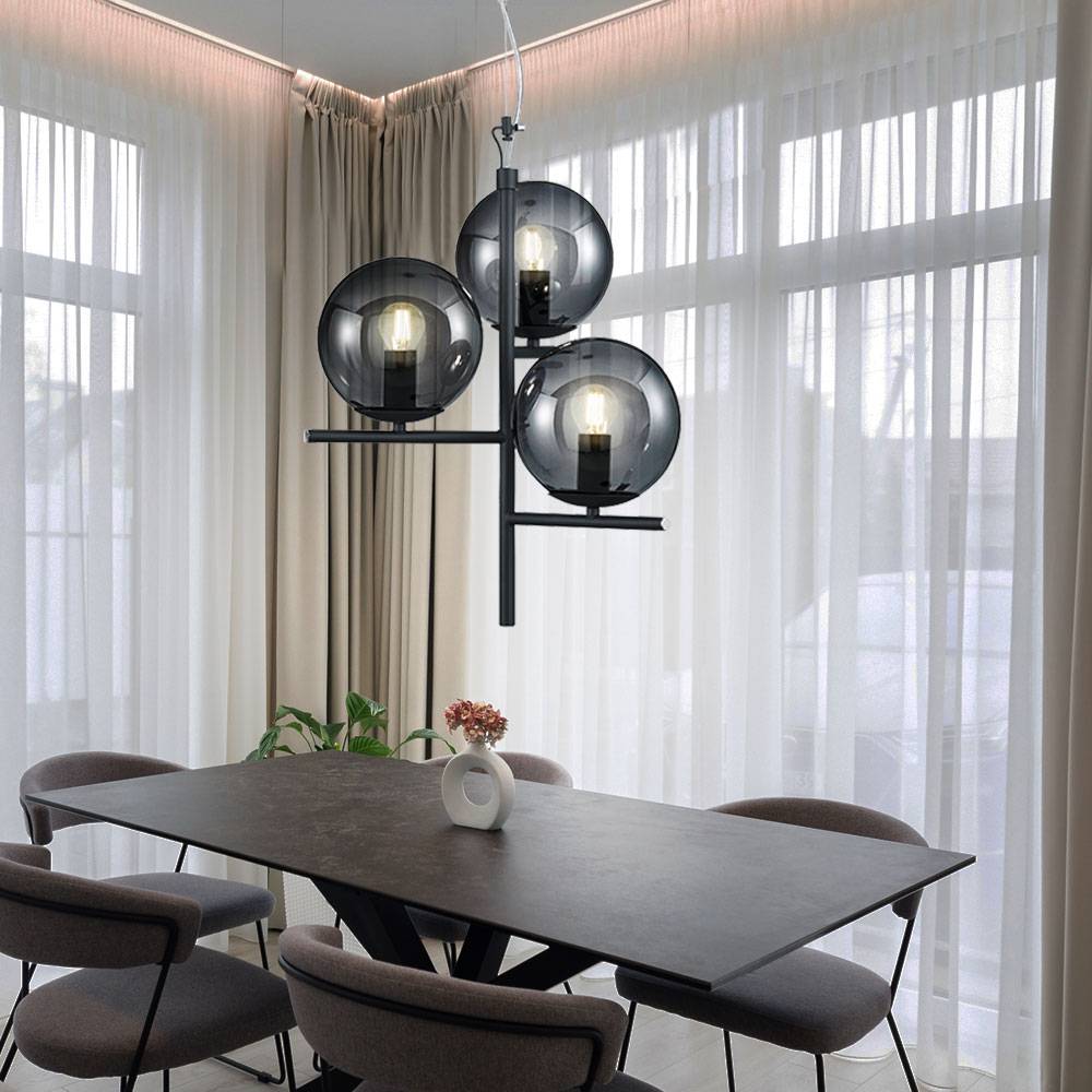 Pendelleuchte Hängelampe Esstischleuchte, Moderne Pendellampe, 3-flammig, Höhe anpassbar, Metall Glas, anthrazit rauch, 3x E14 Fassung, DxH 40x150cm