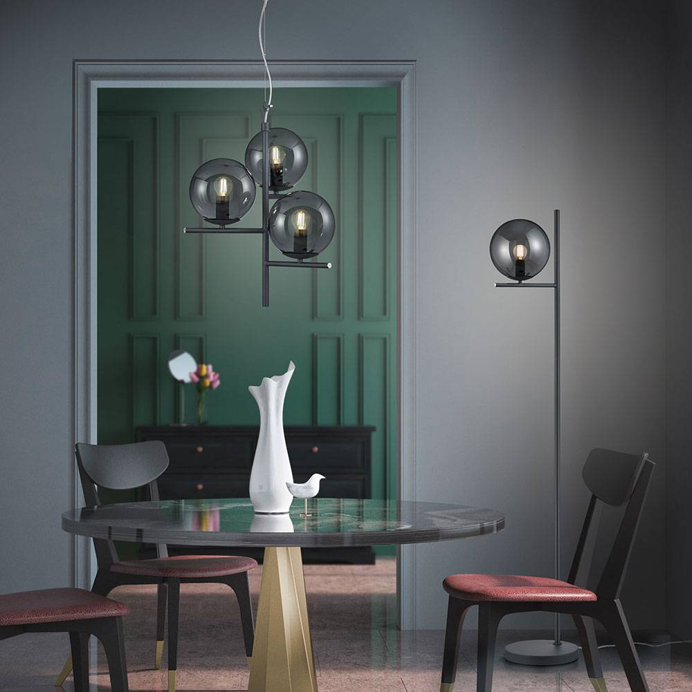 Pendelleuchte Hängelampe Esstischleuchte, Moderne Pendellampe, 3-flammig, Höhe anpassbar, Metall Glas, anthrazit rauch, 3x E14 Fassung, DxH 40x150cm