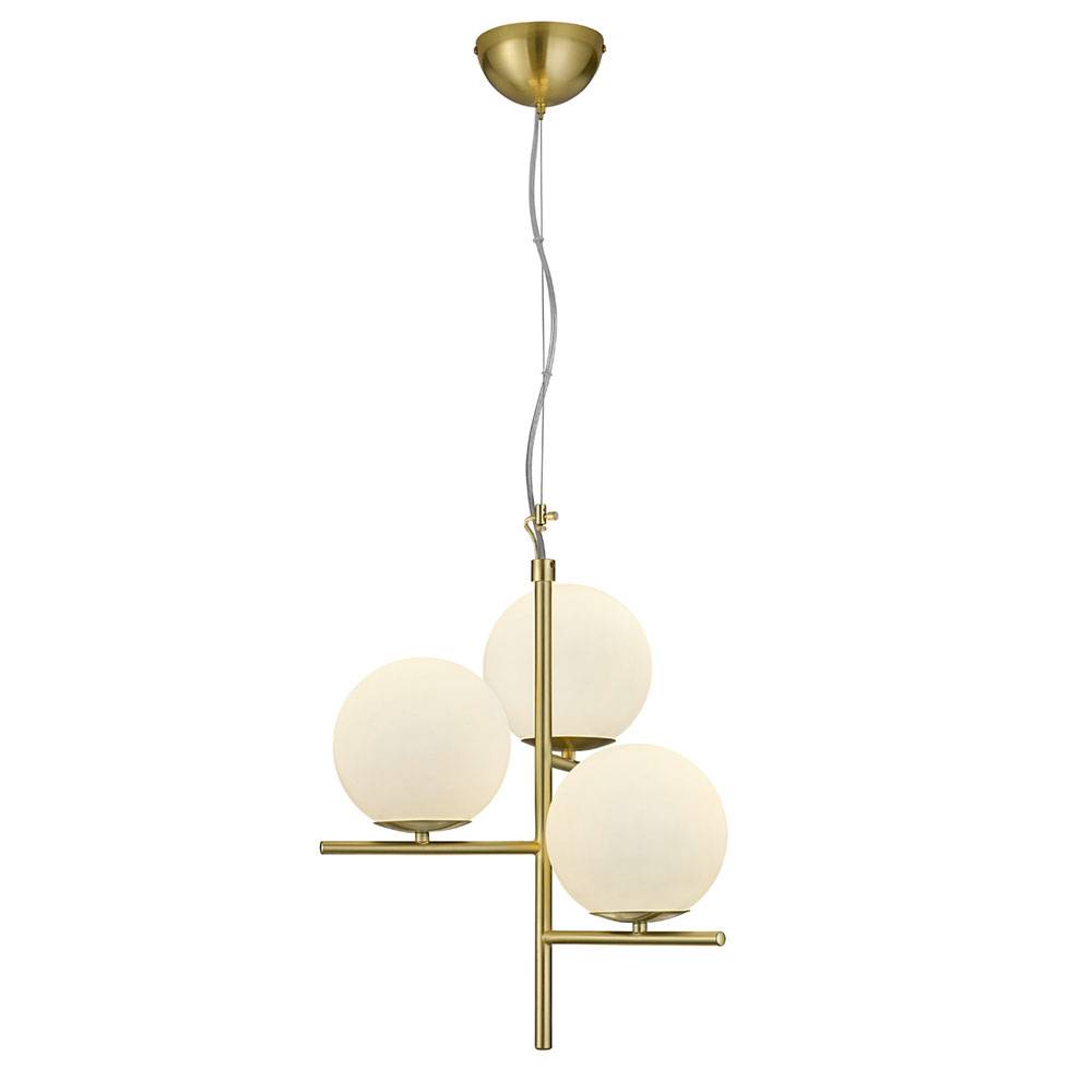 Hängeleuchte Pendellampe Wohnzimmerleuchte, Retro Hängelampe, 3-flammig, Höhenverstellbar, Metall Glas, messing weiß, 3x E14 Fassung, DxH 40x150